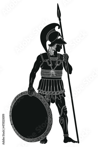 Ancient Greek warrior with a spears and shields in their hands. Figure isolated on white background.