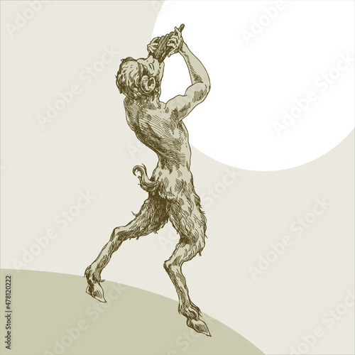 Engraving faun plain music for the moon.
