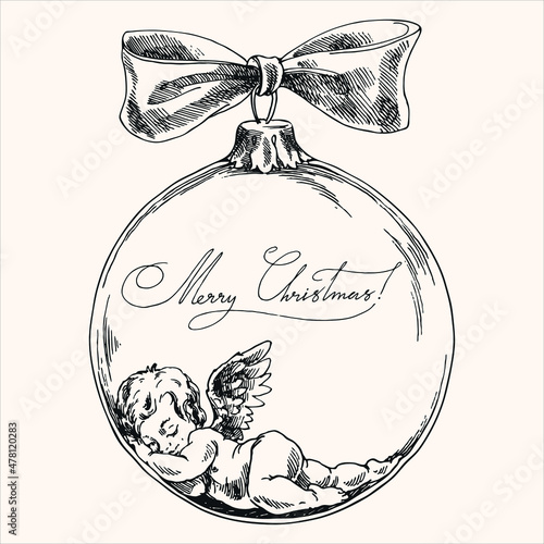 Engraving cupid sleeping in the tree toy.