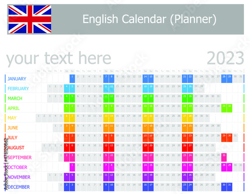2023 English Planner Calendar with Horizontal Months on white background