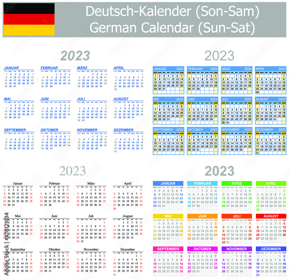 2023 German Mix Calendar Sun-Sat on white background 2023 German Mix Calendar Sun-Sat on white background