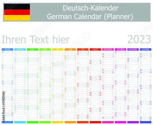 2023 German Planner Calendar with Vertical Months on white background
