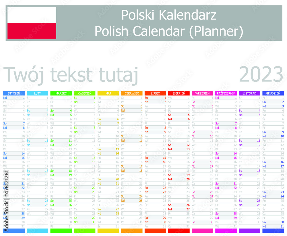 2023 Polish Planner Calendar with Vertical Months on white background - obrazy, fototapety, plakaty 