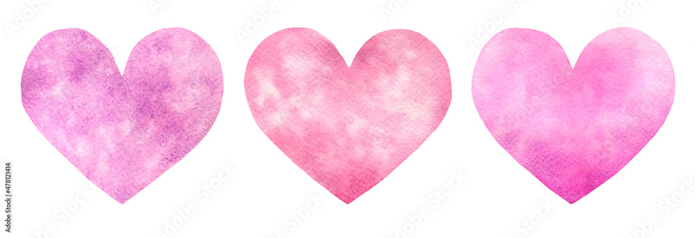 Pink heart hand painted watercolor illustration. Valentines Day clipart