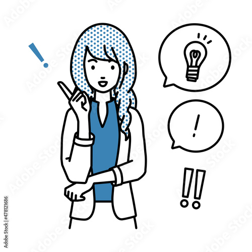 立って素晴らしいアイデアをひらめいたジャケットの女性 フキダシに電球と感嘆符のセット