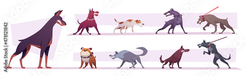 Mad dogs. Angry animals with sharp teeth exact vector zombie dogs in action poses standing walking and jumping