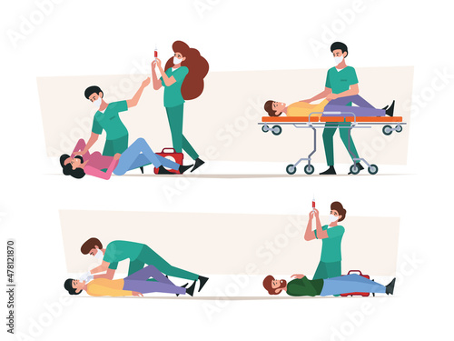 First aid. Emergency help different stages doctors helping people life protection garish vector colored flat people