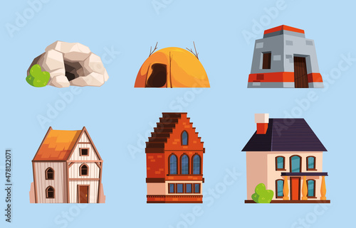 Building evolution. Simple rock cave wooden houses architectural ages ancient buildings dwelling home modern villa garish vector cartoon illustrations