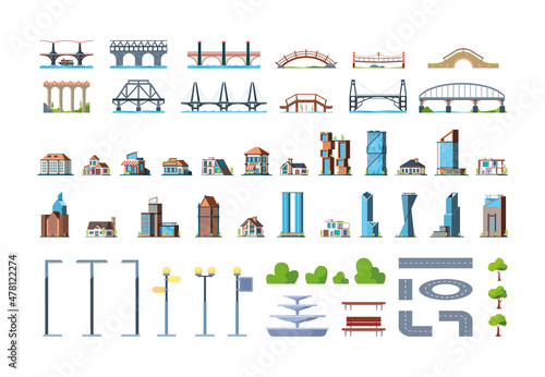 City map kit. Town buildings houses trees roads urban infrastructure signs transport busses and cars landscape ellements grass and rocks garish vector flat illustrations