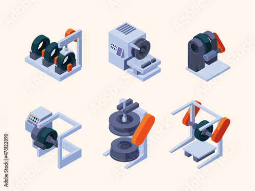 Tire production. Automotive gear machinery production stages industrial technology services for making tires garish vector isometric illustrations isolated