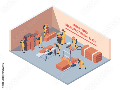 Furniture crafting. Industrial manufacturing armchairs sofa wooden tables and wardrobes production garish vector cartoon illustrations
