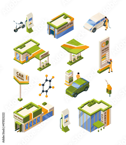 Gas station. Filling cars with gasoline or gas fueling service workers petrol buildings garish vector isometric pictures isolated