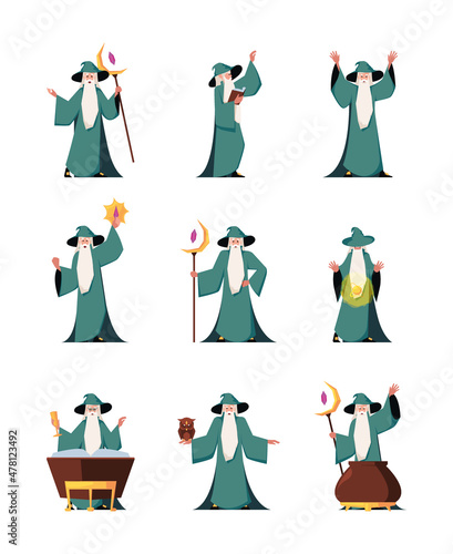 Wizard. Fairytale old magician making fantasy spells fabulous merlin garish vector colored flat person in action poses