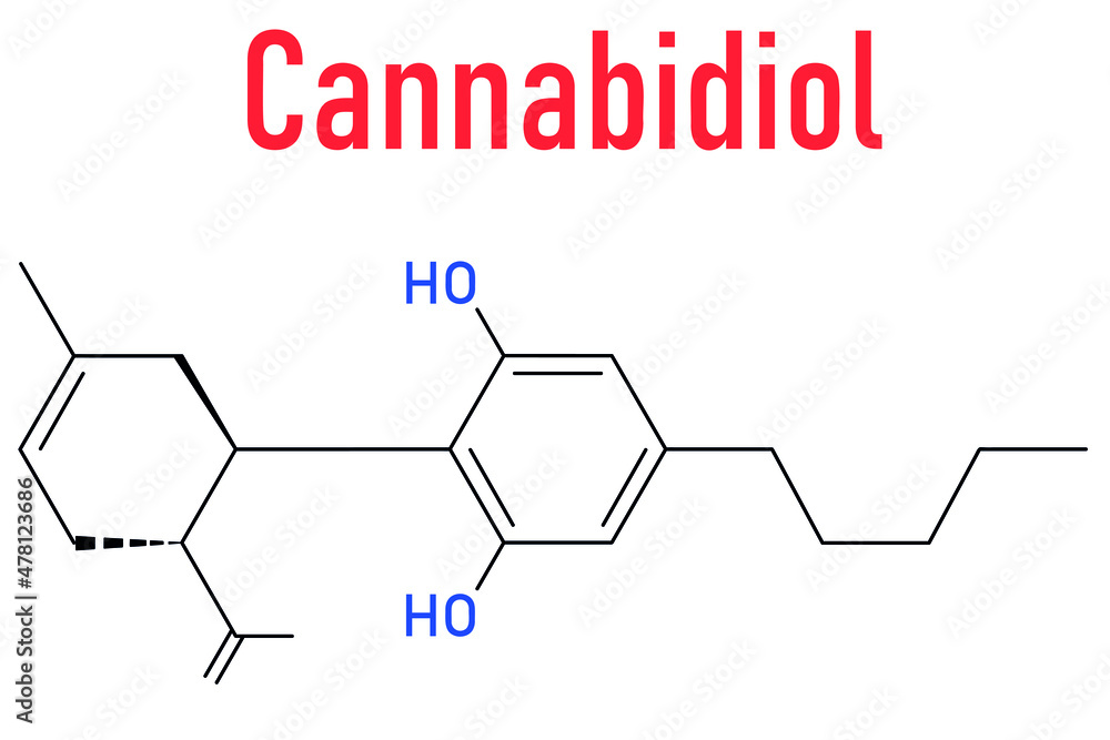 Cannabidiol or CBD cannabis molecule. Has antipsychotic effects. Skeletal formula. Cannabidiol or CBD cannabis molecule. Has antipsychotic effects. Skeletal formula.
