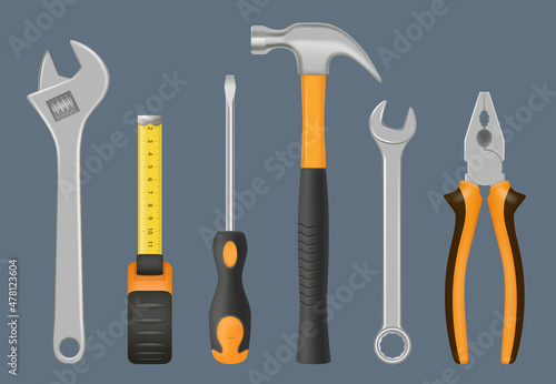 Mechanic tools. Hammer screws nails bolts and nuts for handycraft men metallic equipment decent vector realistic set isolated