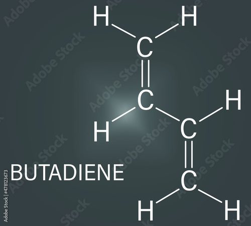 Butadiene or 1,3-butadiene synthetic rubber building block molecule. Used in synthesis of polybutadiene, ABS and other polymeric materials. Skeletal formula.