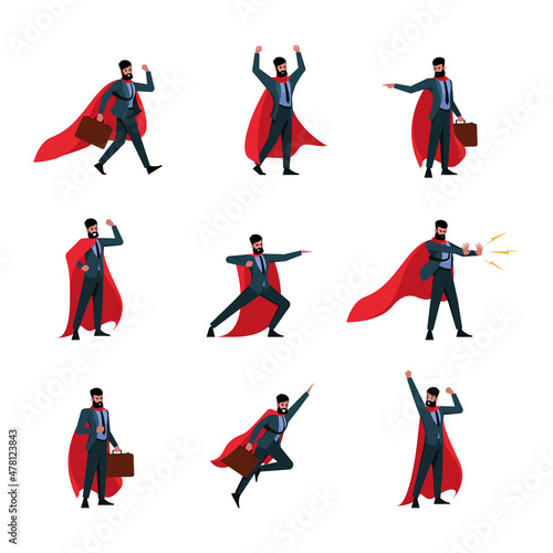 Business heroes. Flying man in red cape power action poses of businessman characters garish vector illustrations in cartoon style isolated