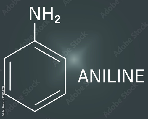 Aniline molecule. Also known as phenylamine, aminobenzene. Skeletal formula.