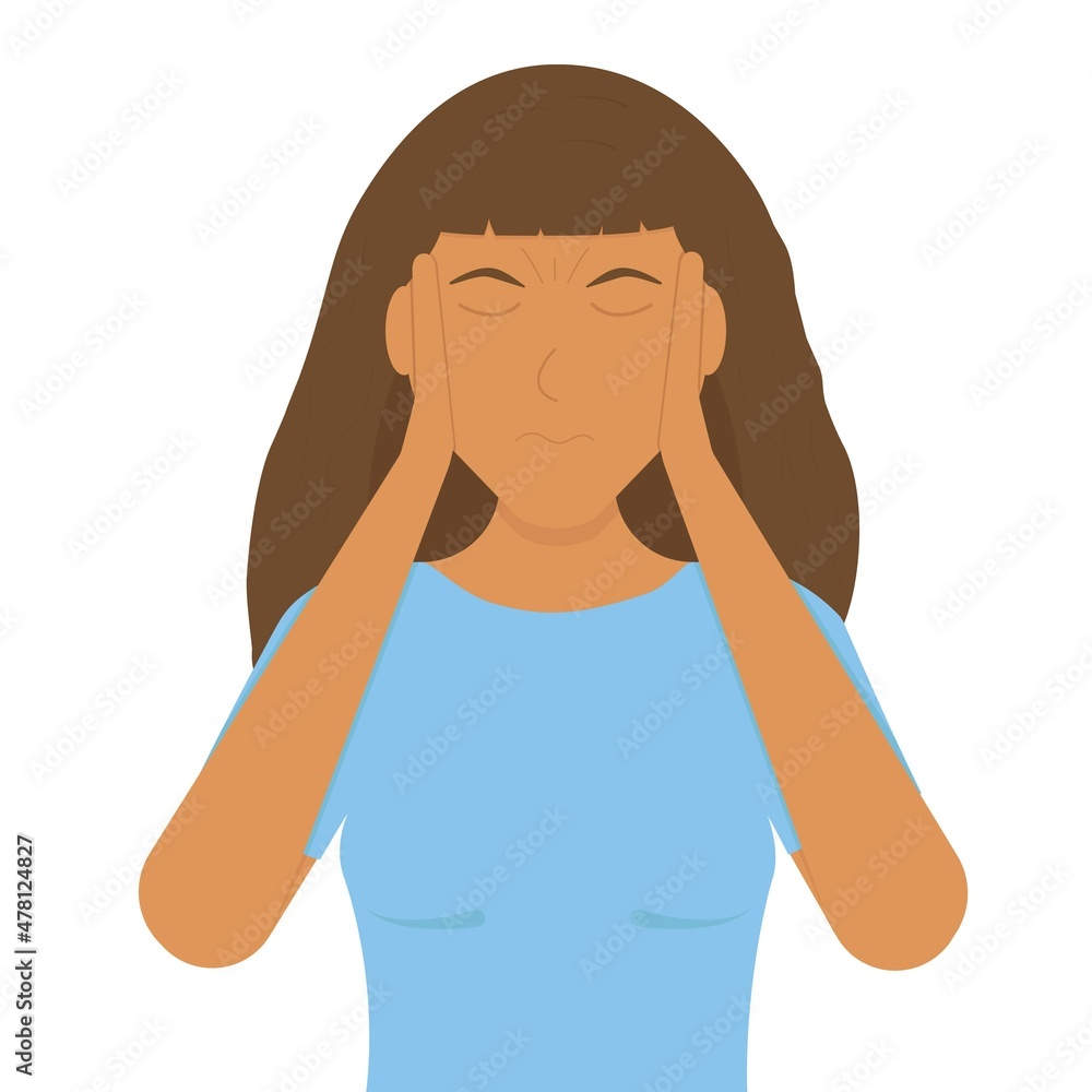The woman is holding her head because of a severe headache. The woman is holding her head because of a severe headache.