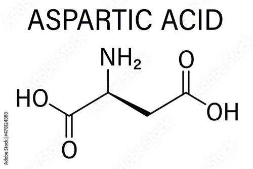 Aspartic acid or L-aspartic acid, Asp, D, amino acid molecule. Skeletal formula. photo