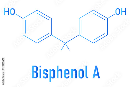 Bisphenol A or BPA plastic pollutant molecule. Chemical often present in polycarbonate plastics, has estrogen disrupting effects. Skeletal formula.
