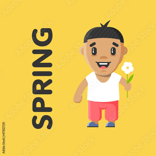 Spring mascot. Year season spring time concept. Cute boy graphic illustration. Outdoor year seasons period icon scene. Seasonal weather illustration. Four seasons series.