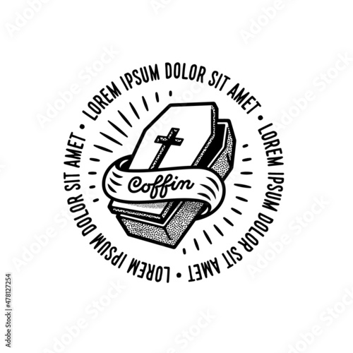 Vintage monochrome coffin icon logo badge. Tag line copy space. Retro coffin cross ribbon emblem. Death bury grave funeral concept idea symbol. 