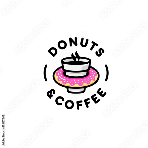Donuts and coffee logo. Symbol design. Cafe emblem badge. Cute cartoon bakery logo. Doughnut bright colorful illustration