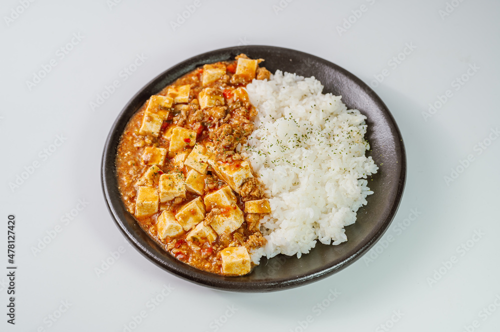 Chinese food mapo tofu dish and rice on black plate Chinese food mapo tofu dish and rice on black plate