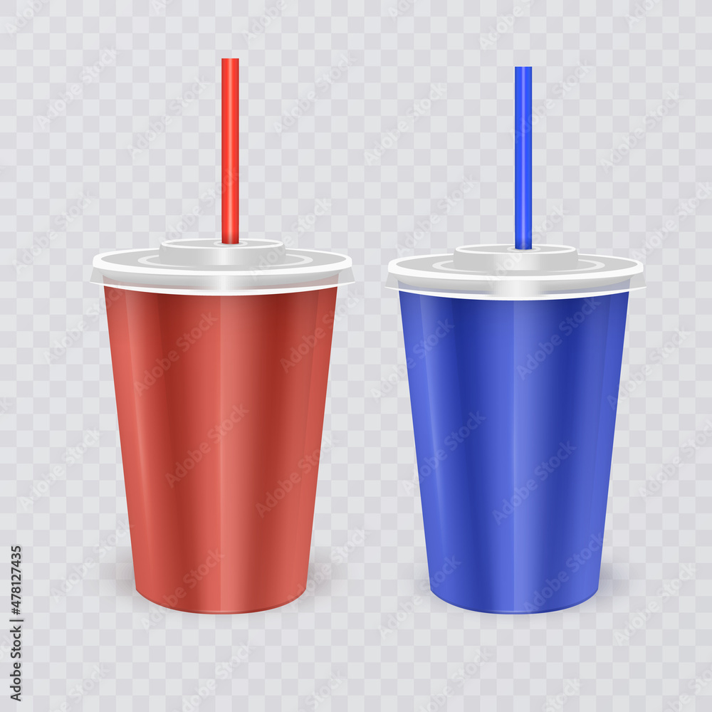 Paper disposable cup with lid and drinking straw for cold beverage -soda, ice tea, cocktail, milkshake, juice. Vector 3d illustration Paper disposable cup with lid and drinking straw for cold beverage -soda, ice tea, cocktail, milkshake, juice. Vector 3d illustration