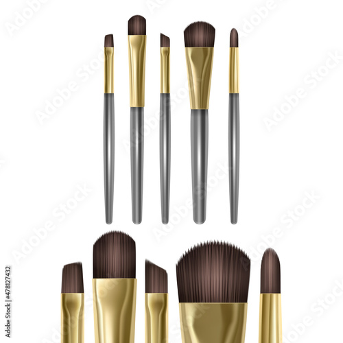 Makeup brush mockups of beauty cosmetics 3d design. Blush for eyeshadow and contour, eyebrow comb, foundation, concealer and bronzer, vector illustration