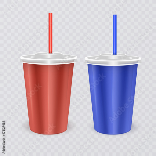 Paper disposable cup with lid and drinking straw for cold beverage -soda, ice tea, cocktail, milkshake, juice. Vector 3d illustration