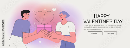 Man and woman open gift box or present. Valentine day social media banner, website or page greeting with happy smiling people or couple in love celebrate 14 february together. Love confession.