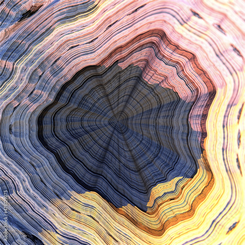 Annual rings concentric to the center of a felled tree with unreal colors disappearing in a hole, 3D graphics. 3d fractal graphic, part of a huge fractal photo