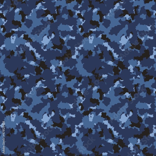 Camouflage texture blue seamless vector pattern for printing clothes  paper  fabric. Classic shape.
