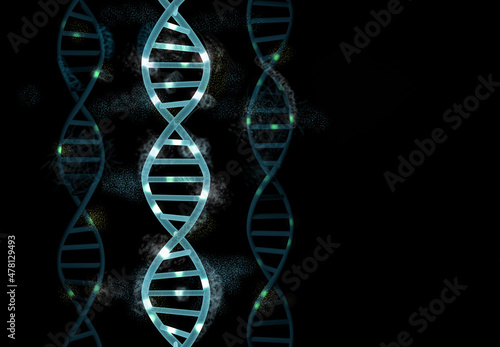 DNA molecules structure on black background with copy space. Science and Technology concept, scientific background, 3d rendered