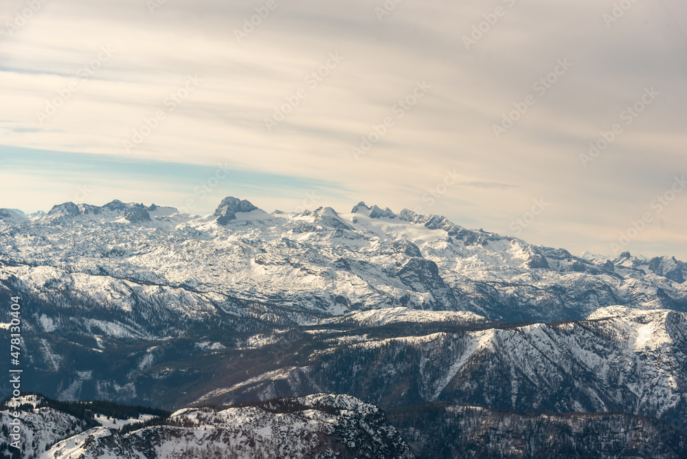 Aerial photo of mount Dachstein in Austria taken from a plane at approximately 2000m height