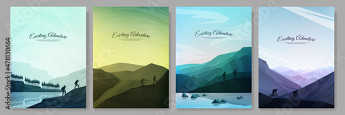 Vector illustration. Travel concept of discovering, exploring and observing nature. Hiking. Adventure tourism. Minimalist graphic flyers. Polygonal flat design for poster, brochure, magazine, cover