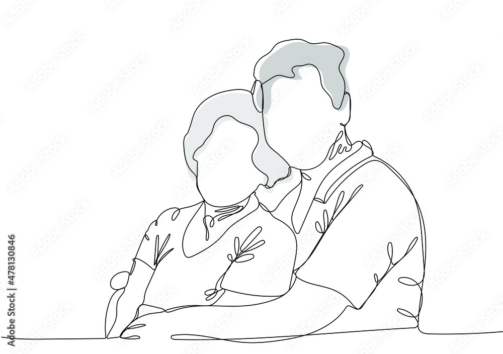 Elderly couple. Mature man and woman stand together and hug each other. One continuous line drawing. Vector illustration Elderly couple. Mature man and woman stand together and hug each other. One continuous line drawing. Vector illustration