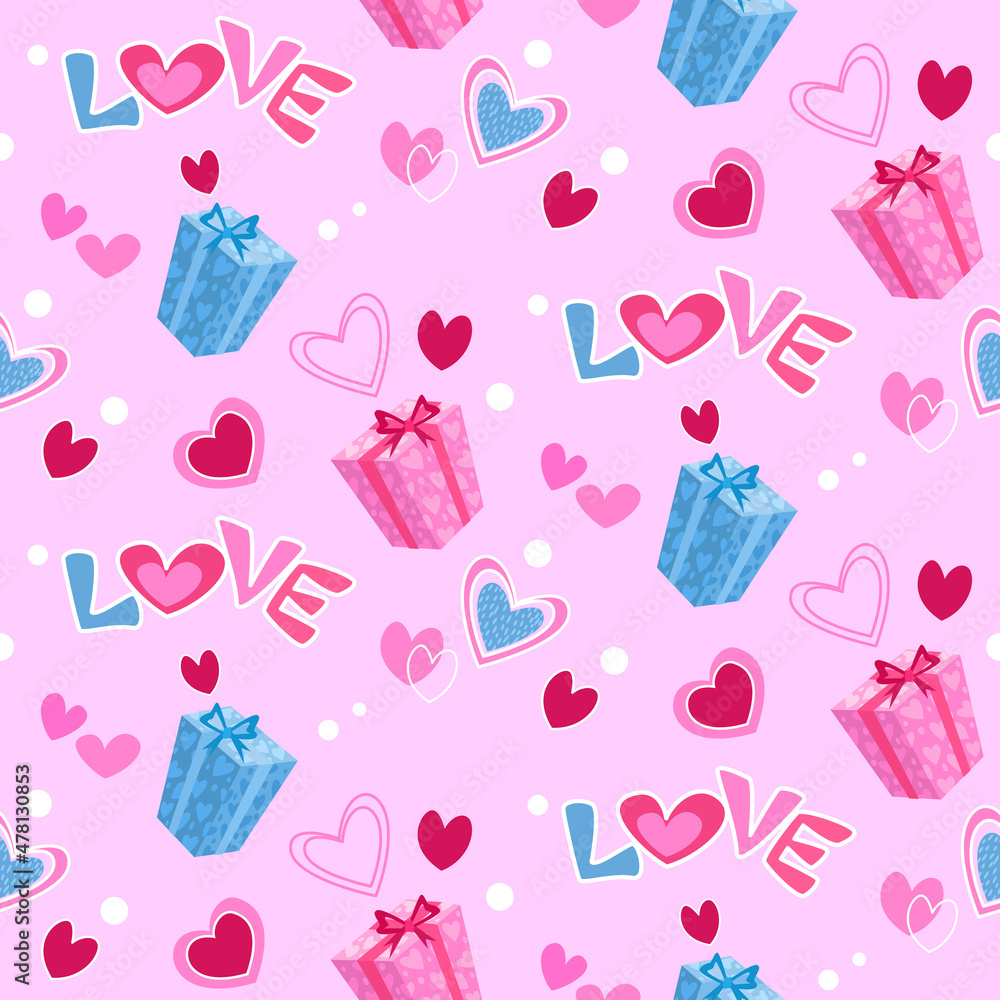 Gift box with heart shape on pink color background. Valentin's Day Seamless Pattern. Gift box with heart shape on pink color background. Valentin's Day Seamless Pattern.