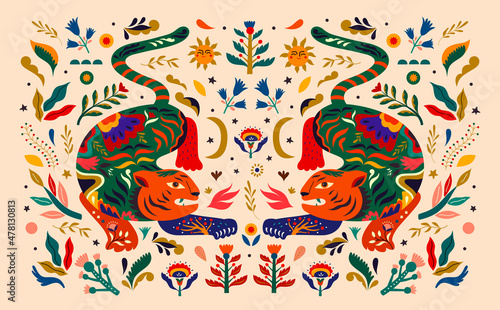 New Year decorative banner with tigers. Illustration with tigers and flowers. Symbol of 2022 year. Happy Chinese New Year greeting illustration