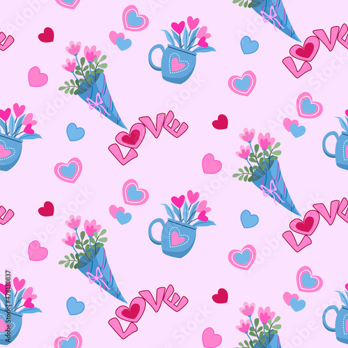Cute bunch of flowers with heart shape and love letter seamless pattern.