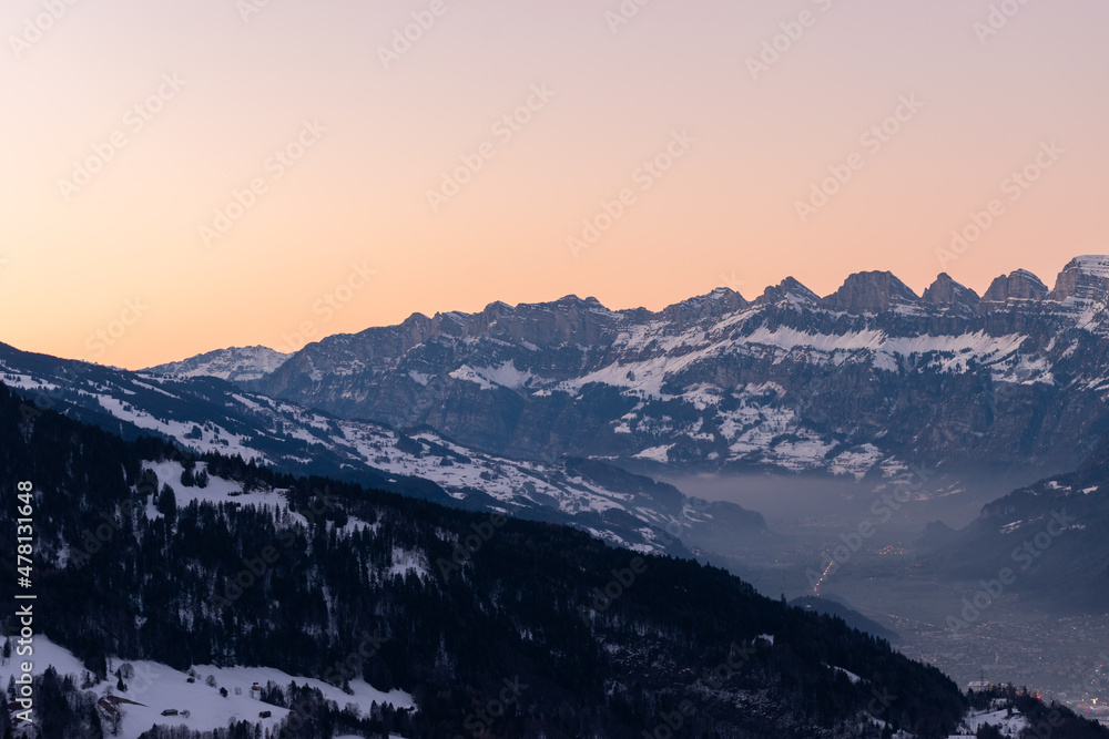 Landquart, Switzerland, December 19, 2021 Evening mood over the rhine valley