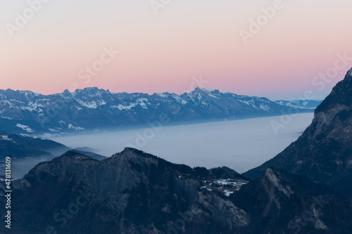 Landquart, Switzerland, December 19, 2021 View over the foggy rhine valley © Robert
