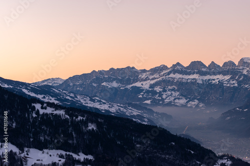 Landquart, Switzerland, December 19, 2021 Evening mood over the rhine valley