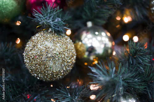 Closeup of Festively Decorated   Christmas tree . Selective focus