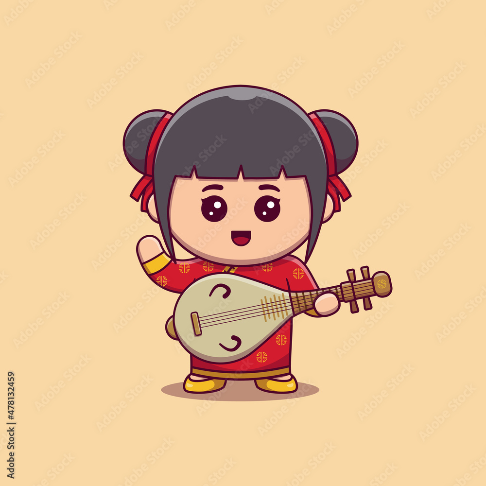 cute girl celebrate chinese new year playing traditional chinese musical instrument