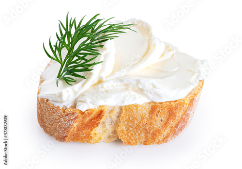 Fotografi Toasted bread with cream cheese and dill isolated on white background