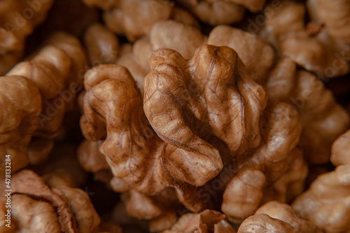 Close up of peeled walnuts, macro photography of walnut kernel for background