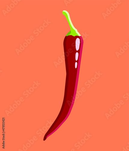 Hot red chili pepper. Red pepper isolated on orange background, high quality vector. Illustration of food hot chilli pepper in flat minimalism style.